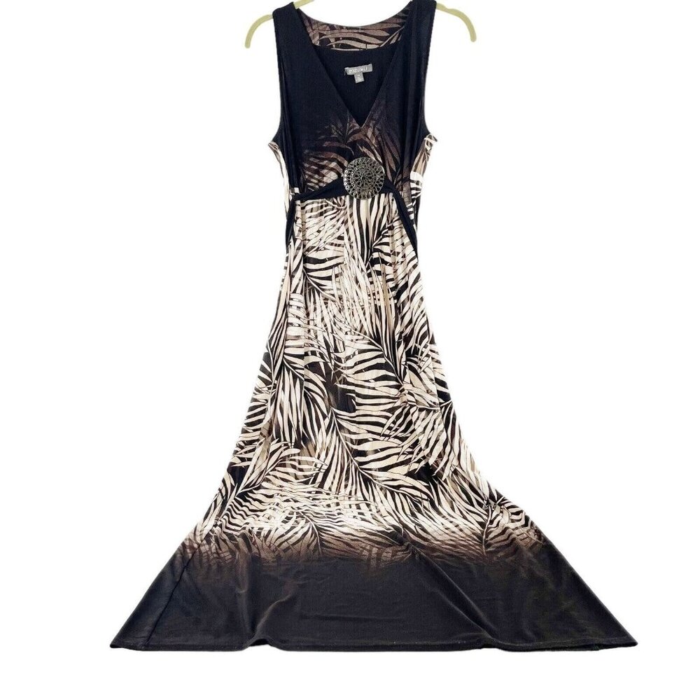 Roz & Ali Dress 14 Black Brown Sleeveless Maxi Belt tie waist neutral Western